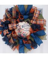 Welcome Family &amp; Friends Wreath  Horizontal Birdhouse Mesh Ribbon Door D... - $64.99
