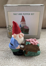 Gardening Gnome / Wheelbarrow Salt &amp; Pepper Shaker Set Ceramic Stoneware... - £15.98 GBP