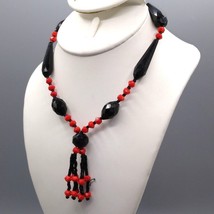 Antique Black and Red Flapper Necklace, French Jet Czech Glass Beads with Beaded - £99.76 GBP