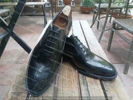 New Men Handcrafted Brogue Glossy Black Oxfords Wedding Shoes For Men - £115.95 GBP+