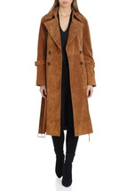 Women&#39;s Brown Suede Leather Trench Coat Stylish Party Club Overcoat Handmade - £129.96 GBP+