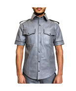 Men&#39;s Genuine Leather Shirt Police Uniform Shirt Short Sleeves Gay BLUF - $94.04