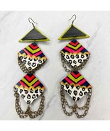Chunky Painted Wood Dangle Statement Earrings Pierced Pair - £5.45 GBP