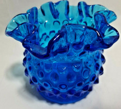 Fenton Dark Sky Blue  Ruffled  Hobnail 3&quot; tall Art Glass Vase  - $40.95