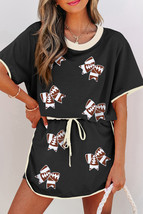 Black Sequin Rugby Football Bow Patched Colorblock Edge Tee and Skort Set - $38.97