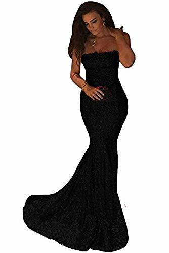 Women Sequins Mermaid Long Strapless Formal Evening Gowns Prom Dress Black US 14