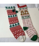 Vintage Knit Merry Christmas Santa Stockings Red Green  21&quot; Long Lot X 2 - $22.44