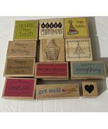 Lot of 12  Wood Mounted Rubber Stamps + Alphabet Wood Stamps Used - £15.33 GBP