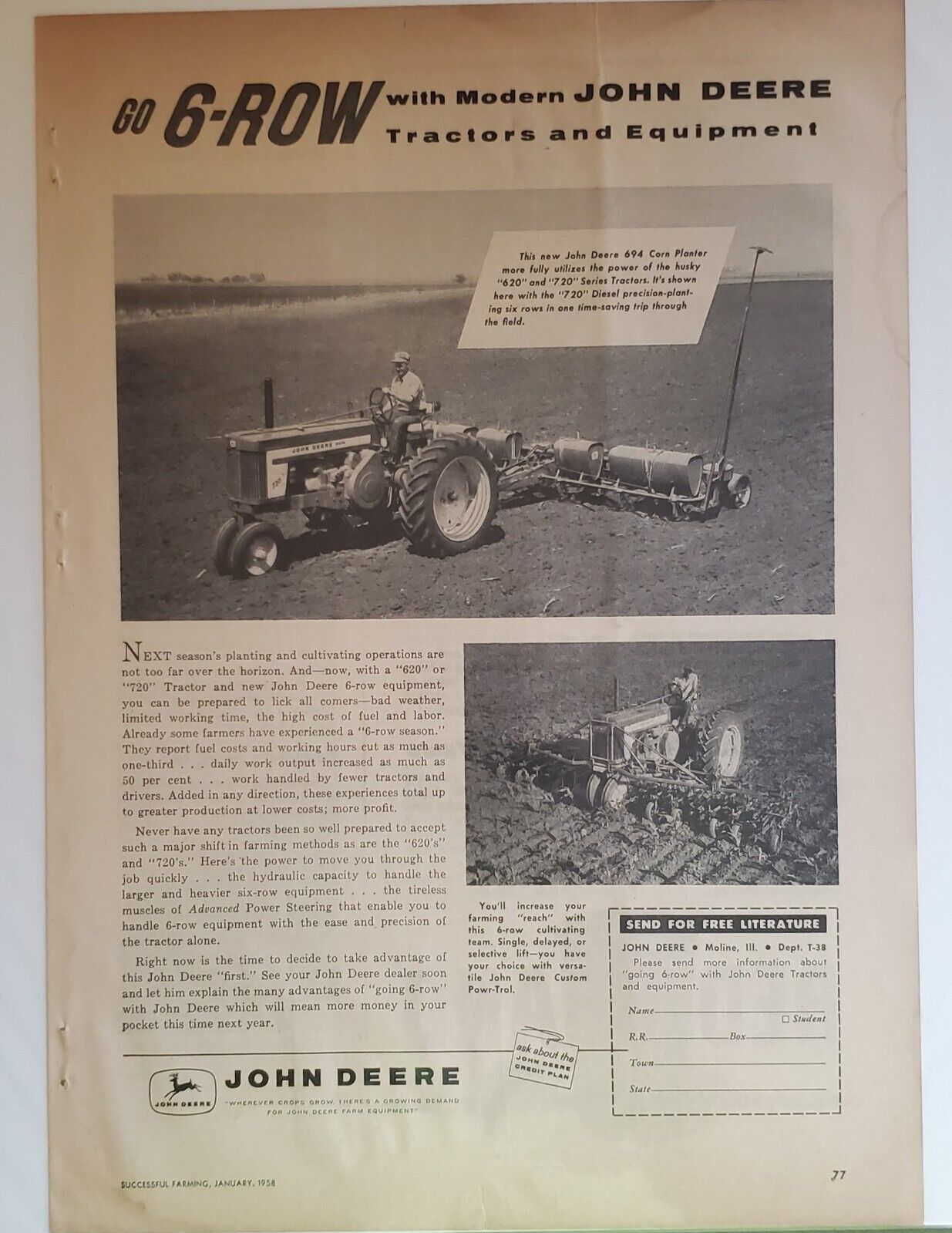 1958John Deere  Go Six Row Two Cylinder and Corn Planter Magazine Ad - £16.38 GBP