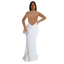 Fashion Rhinestones Pearls Round Neck Long Sleeve Slim Bodycon Evening Party Dre - $118.95