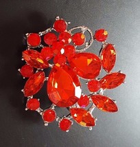Red Round Teardrops Crystal Rhinestone Silver Tone Brooch Pin Wedding Jewelry - £7.02 GBP