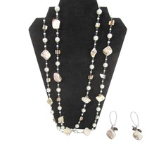 Baroque Mother of Pearl Bead Earring and Necklace Set extra long 60&quot; vtg - $39.55