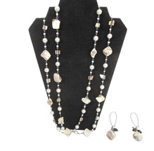 Baroque Mother of Pearl Bead Earring and Necklace Set extra long 60&quot; vtg - £31.11 GBP