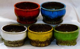 Set of 5 Ceramic Glazed Pots — Colors Red, Blue, White, Yellow, Green Beautiful! - £11.57 GBP