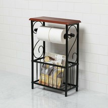 Black Metal &amp; Cherry Wood Design Toilet Paper Holder &amp; Floor Magazine Rack Stand - £39.96 GBP