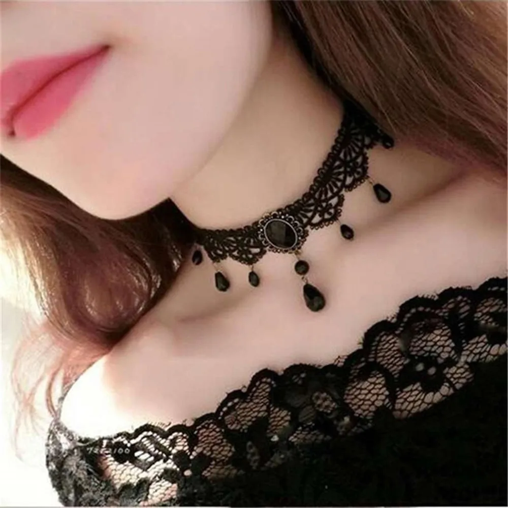 House Home Women Black Lace Choker Gothic Aklace with Crystal For Girls Hallowee - £19.77 GBP