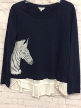 Crown &amp; Ivy Womens Blue Embroidered Zebra Attached Shirt Hem Sweater M - £3.82 GBP