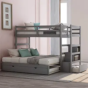 Merax Twin Over Twin/King Bunk Bed,3-in-1 Wooden Bunk Bed Frame with Tru... - £922.42 GBP