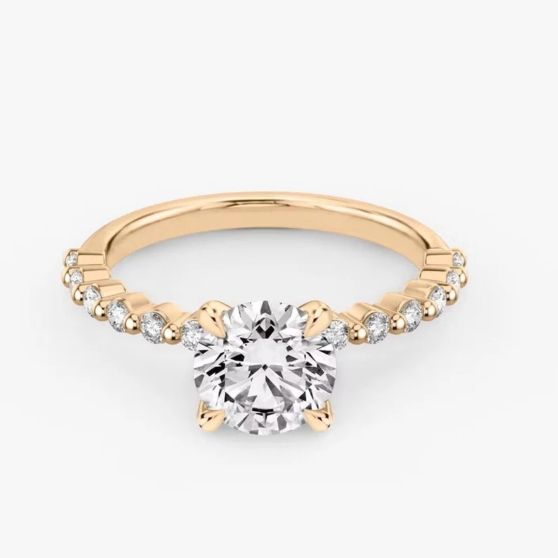 Round Cut Engagement Solitaire With Accent Art Deco Wedding Style Bridal Ring