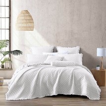 Twin White Farmhouse Microfiber Diamond Quilted Bedspread Set Frayed Edges - $138.99