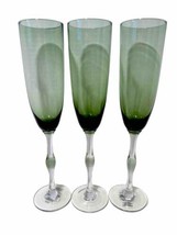 Pier 1 Teardrop Green Mouth Blown Bulbous Stem Fluted Champagne Glasses Set Of 3 - £47.15 GBP