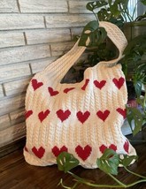 Knitted Handbag Large Tote Red Hearts 13”x14” Handle 9” Large Capacity Bag - £19.09 GBP
