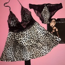 Victoria&#39;s Secret S slip BABYDOLL+panty Nude Beige Black lace ANIMAL PRINT - $98.99