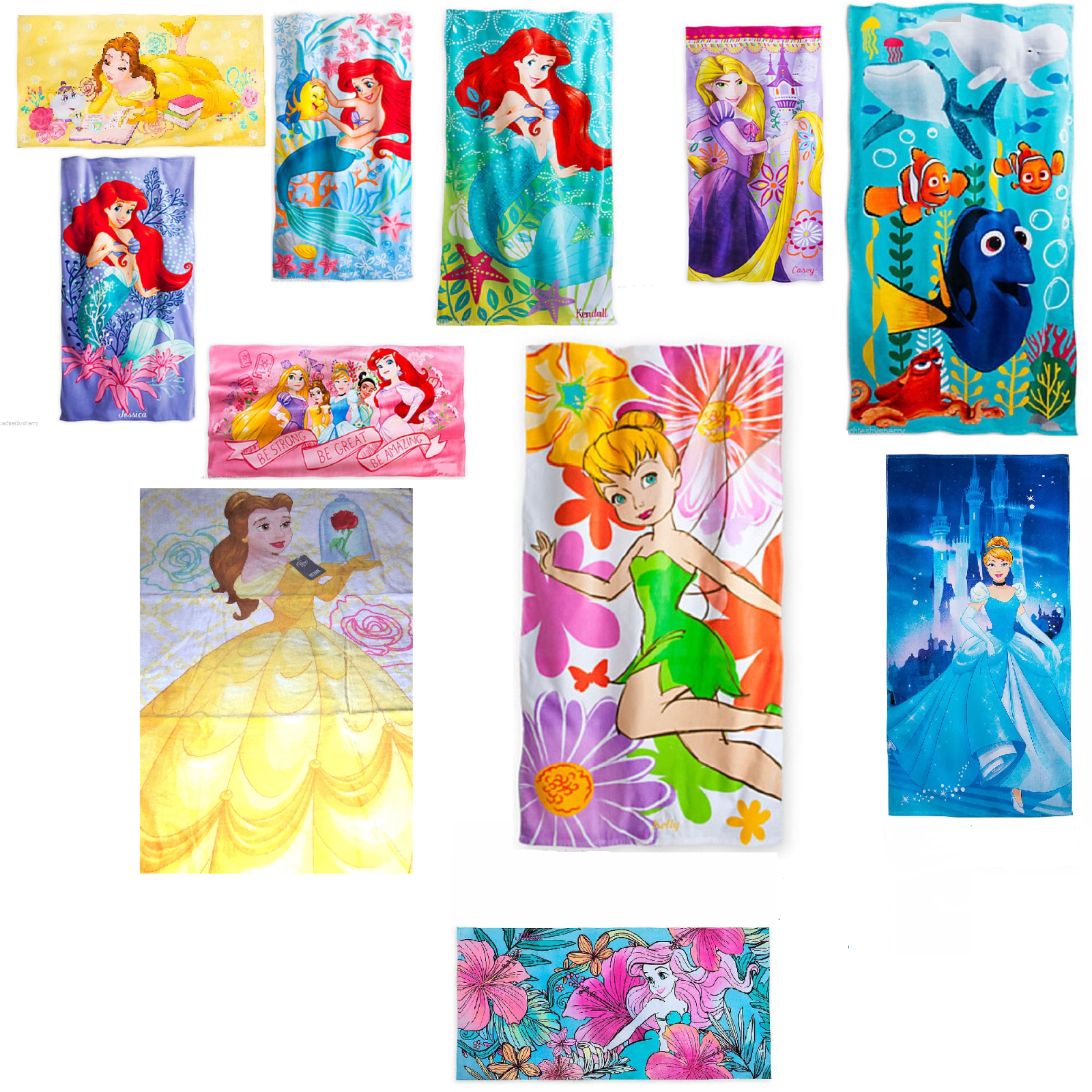 Primary image for Disney Store Beach Towel Ariel Belle Dory Anna Elsa Rapunzel Cinderella Tinker