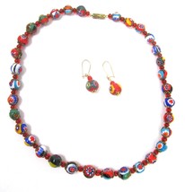 Vintage Venetian Murano Millefiori Glass Bead Necklace 16&quot; Hook Earring Set Red - £31.61 GBP