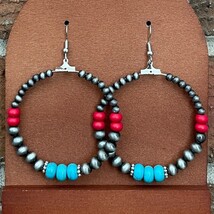 New Boutique Faux Navajo Style Pearl Hoop Drop Earrings Turquoise Red We... - $24.99