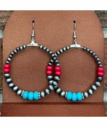 New Boutique Faux Navajo Style Pearl Hoop Drop Earrings Turquoise Red We... - $24.99