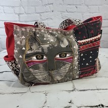 Laurel Burch Whiskered Cat Handbag Shoulder Tote HOBO Red Gray Black Flaw - £23.45 GBP