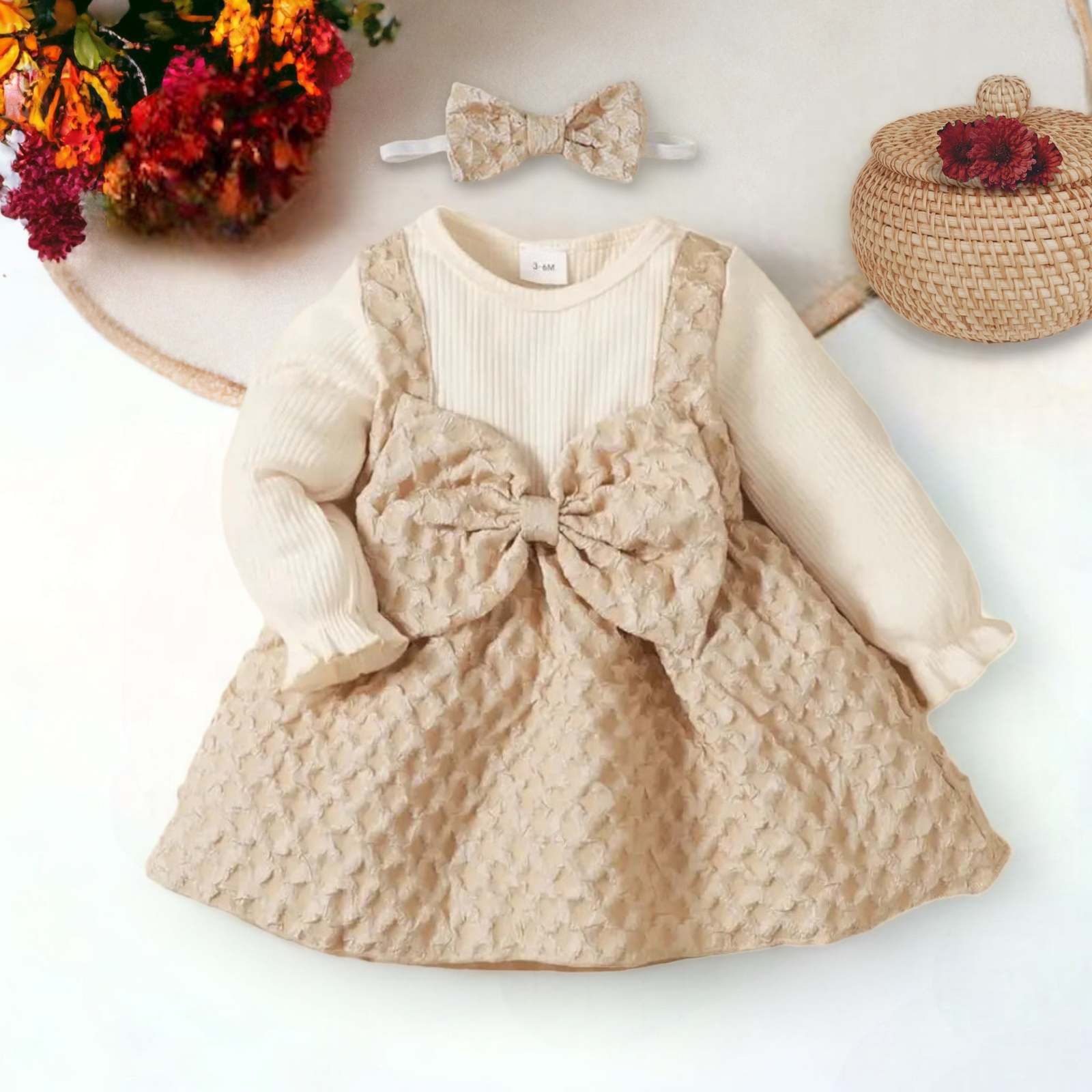 Primary image for Baby Girls Two Toned Beige Long Sleeve Bow Dress and Headband
