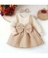 Baby Girls Two Toned Beige Long Sleeve Bow Dress and Headband - £18.95 GBP