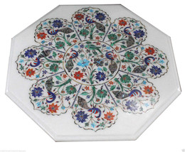 24&quot; White Marble Mosaic Dining Coffee Table Top Peacock Parrot Hallway Decor Art - £1,821.89 GBP