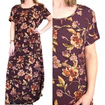 Vintage 90s Purple Size 12 Dark Floral Long Maxi Dress Shortsleeve Romantic - $48.23