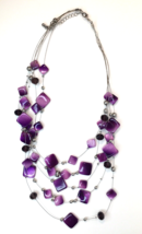 Purple Glass &amp; Silver Tone Bead Multi-Strand Necklace Square, Round &amp; Faceted - £14.47 GBP