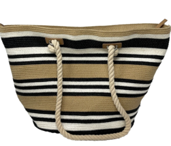 Tan, White, Black Striped Straw Tote Lined Zip  Rope Straps 18"W x 12"H ... - $14.24