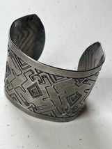 Very Wide Etched Geometric Oxidized Silvertone Cuff Bracelet  – 2 and 3/... - $13.09