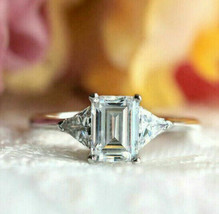 Emerald Cut 2.65Ct Three Simulated Diamond Engagement Ring 14k White Gold Size 5 - £207.71 GBP