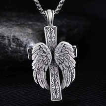 Large Silver Winged Cross Pendant Necklace Christian Catholic Jewelry Chain 24&quot; - £13.15 GBP