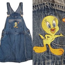 Womens 12 Denim Tweety Looney Tunes Shortalls Jumper Dress Bibs VTG 90s Blue - £37.22 GBP