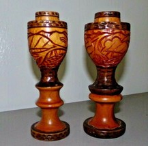 Vintage Hand Carved Wooden Candlestick Holders Tiki Boho - £9.53 GBP