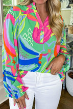 Green Abstract Printed Flounce Sleeve V Neck Buttoned Plus Size Blouse - £20.58 GBP