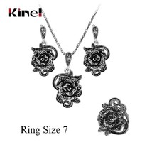 Hot Grey Crystal Roses Jewelry Set For Women Tibetan Silver Ring Necklace Earrin - £6.86 GBP