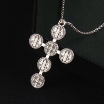 Silver Saint St Benedict Medal Cross Pendant Necklace Exorcism Jewelry Men Women - £9.51 GBP