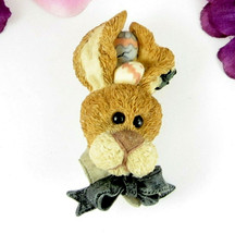 Easter Bunny Brooch Vintage Pin Brown Rabbit With Eggs Between Ears Denim Bow - £13.21 GBP