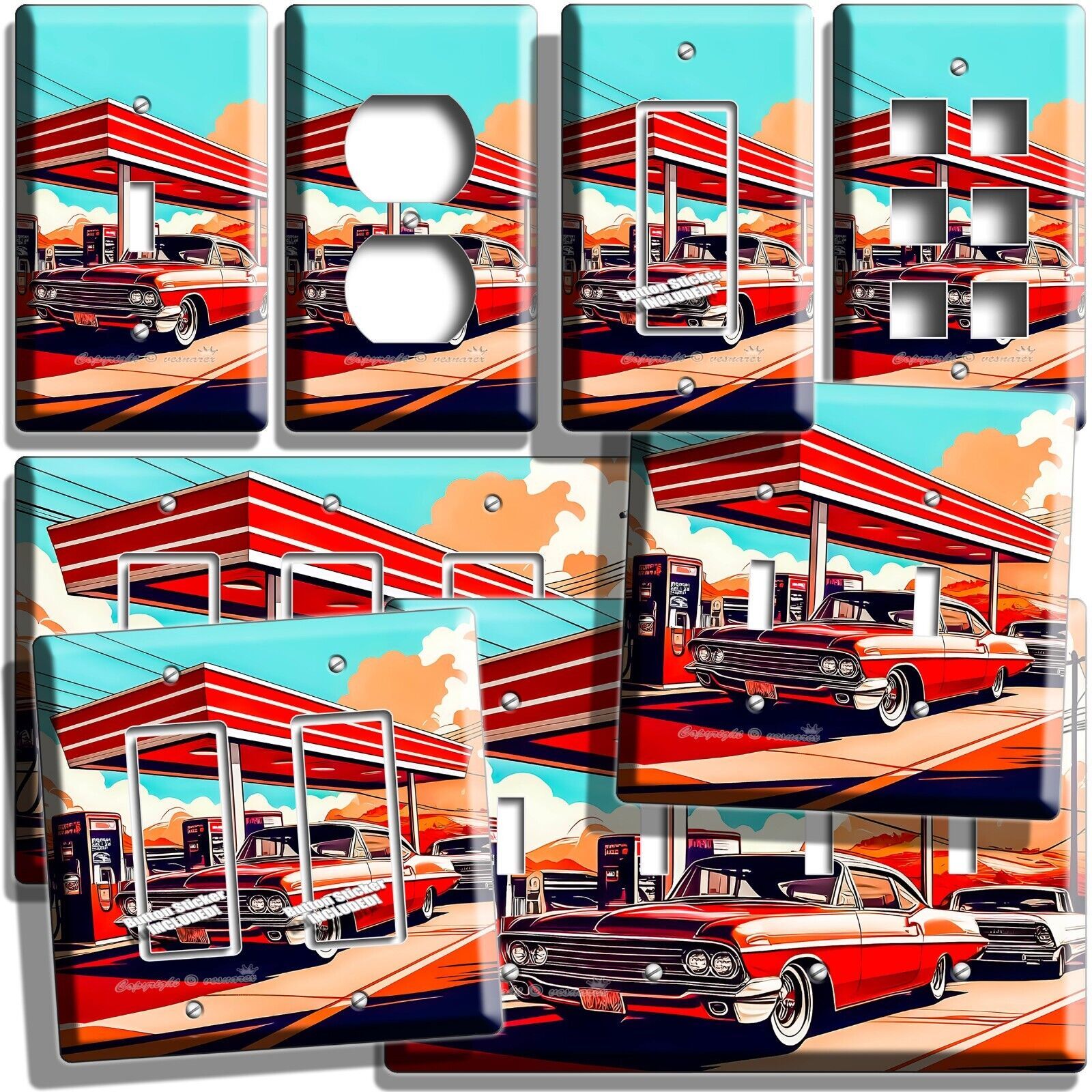 AMERICAN RETRO RED CAR GAS STATION LIGHT SWITCH OUTLET WALL PLATES GARAGE DECOR