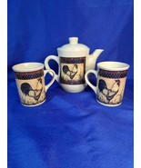 Teapot &amp; 2 Mugs - B.I. Inc Rooster Motif - Beige - £29.37 GBP