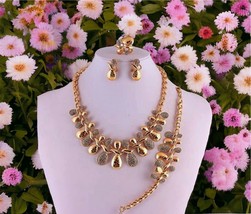 Flower Necklace Bracelet Ring and Earrings Set Women Statement Goldtone Floral - £21.92 GBP